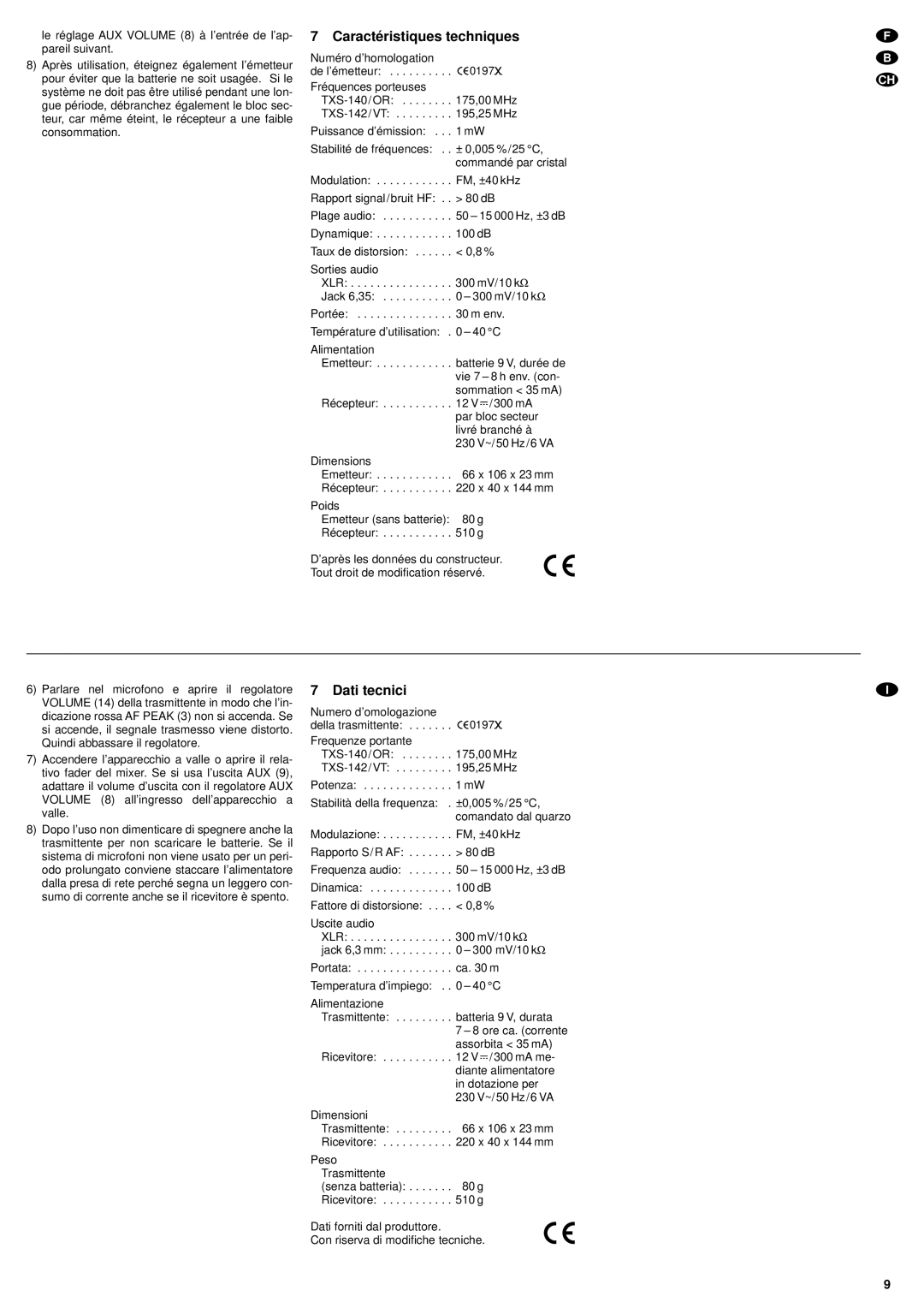 Shure TXS-140/OR, TXS-142/VT instruction manual Caractéristiques techniques, Dati tecnici 