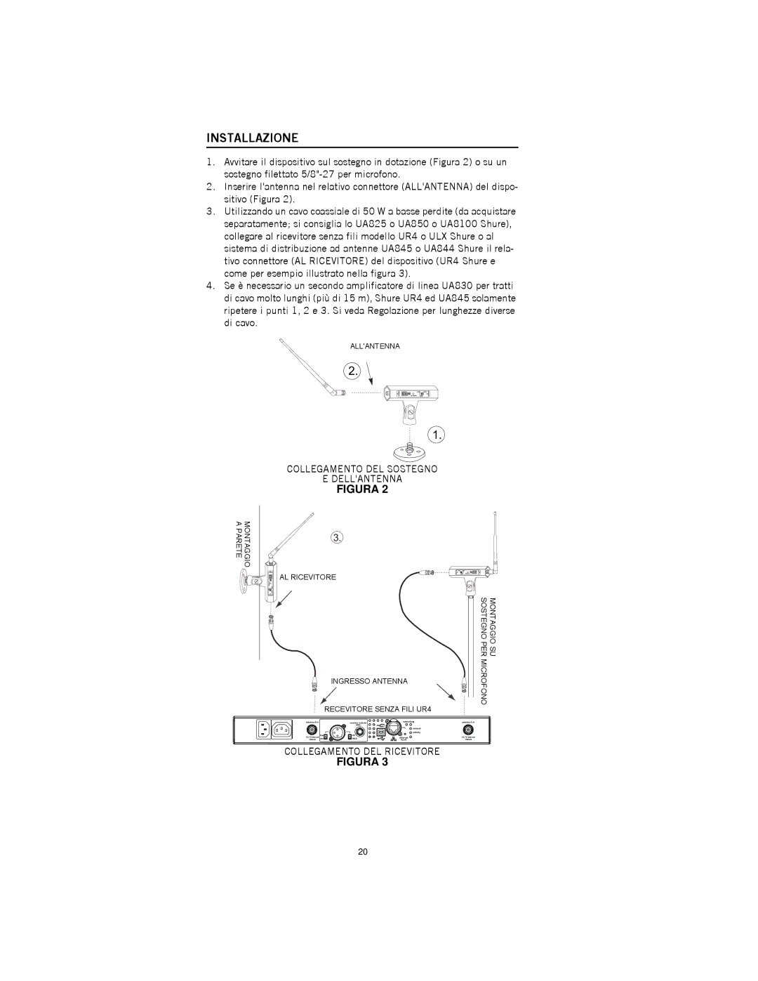 Shure UA830 manual Installazione, Collegamento DEL Sostegno Dellantenna, Collegamento DEL Ricevitore 