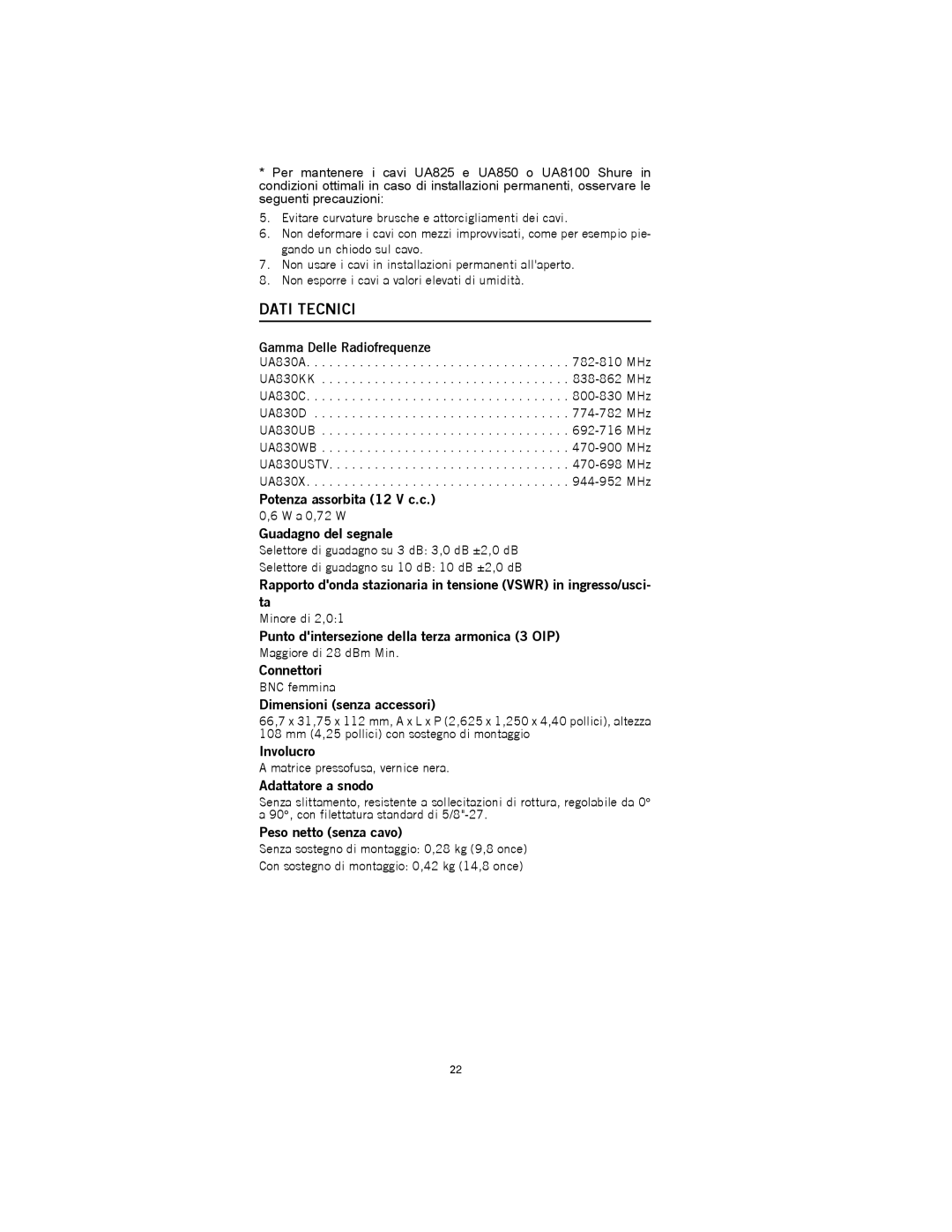 Shure UA830 manual Dati Tecnici, Gamma Delle Radiofrequenze 