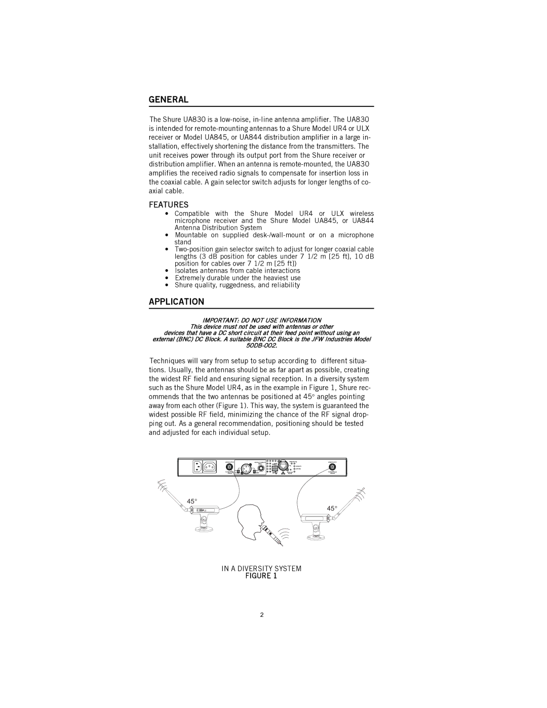 Shure UA830 manual General, Application, A Diversity System 