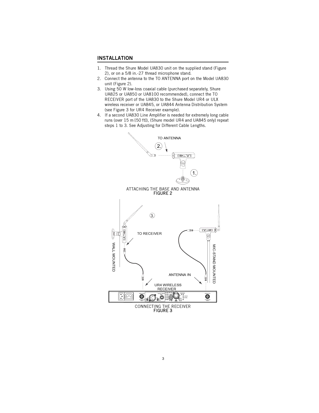 Shure UA830 manual Installation, Attaching the Base and Antenna, Connecting the Receiver 