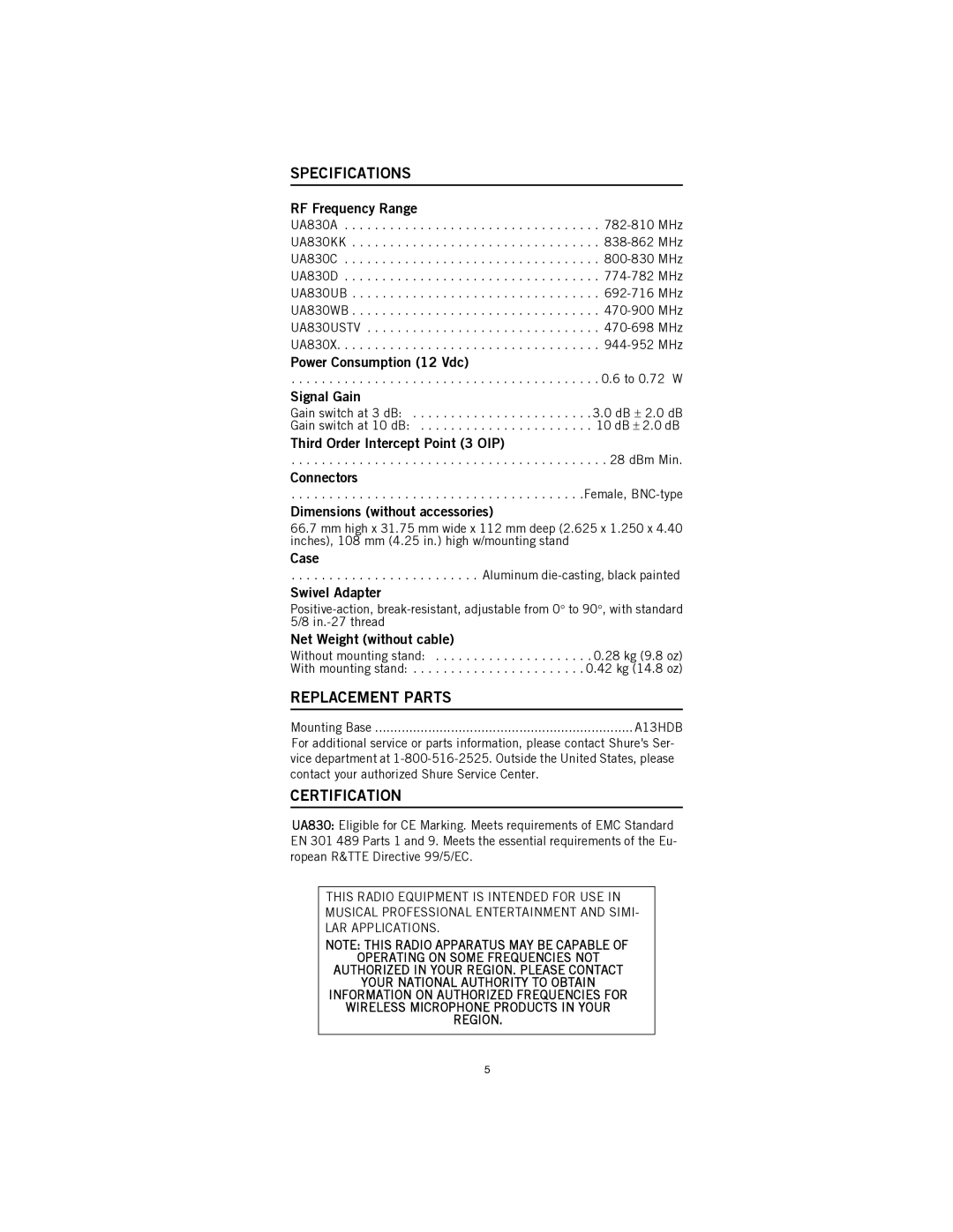 Shure UA830 manual Specifications, Replacement Parts, Certification 