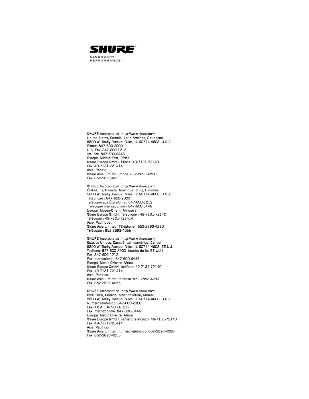 Shure UA830 manual U.S. Fax 