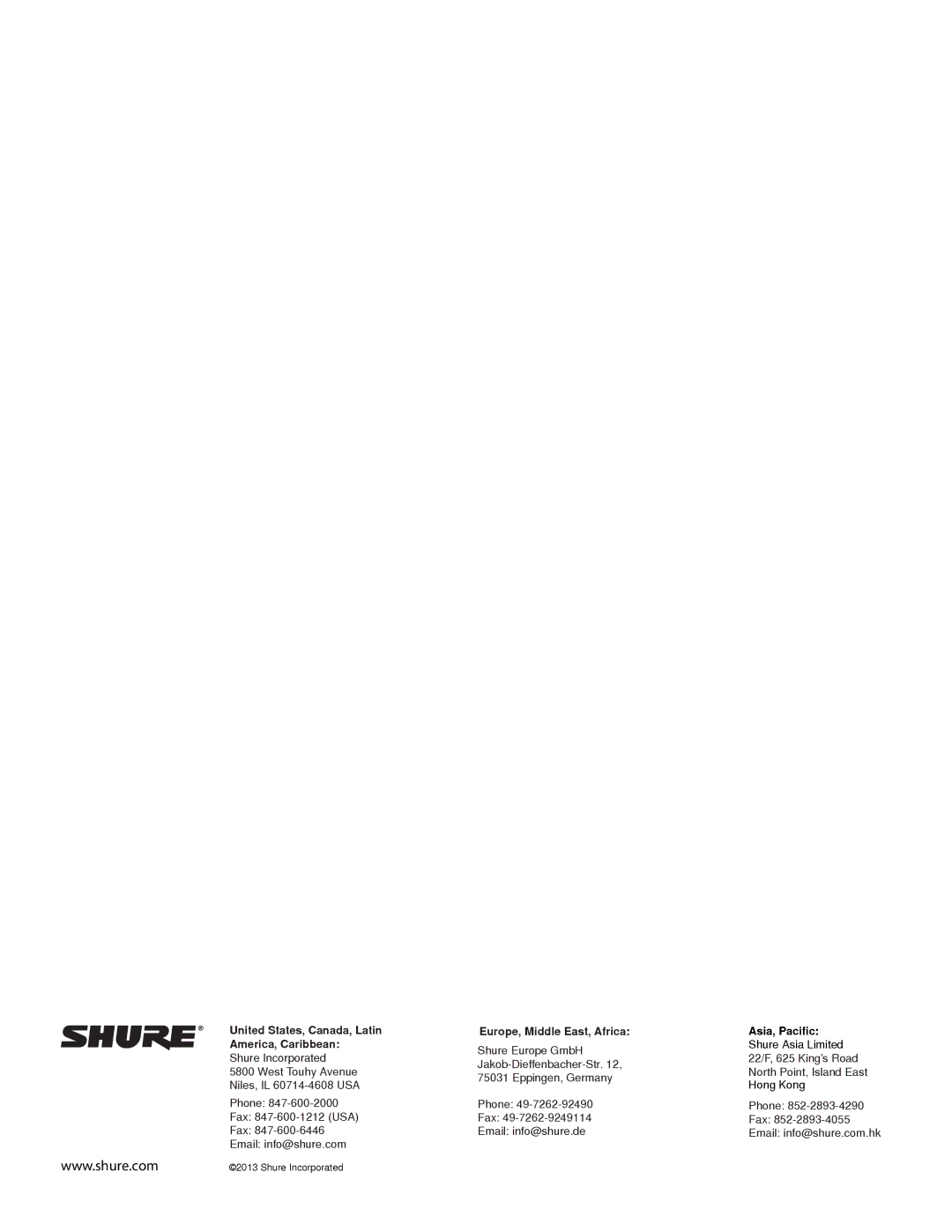 Shure UA844SWB manual United States, Canada, Latin America, Caribbean, Europe, Middle East, Africa 