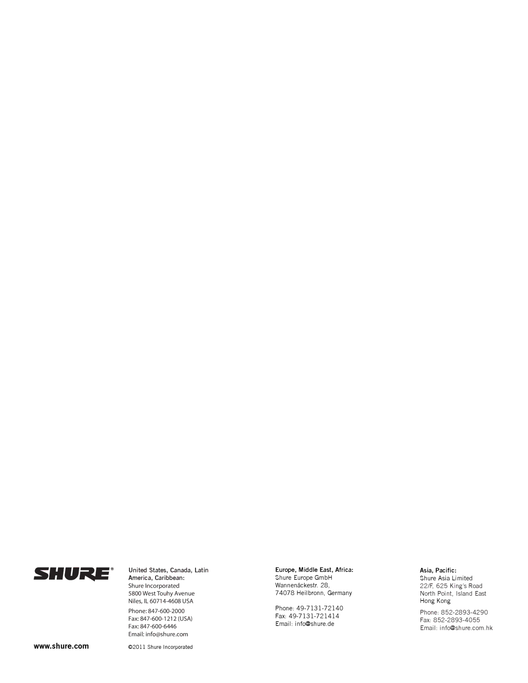 Shure UA844SWB manual United States, Canada, Latin America, Caribbean 