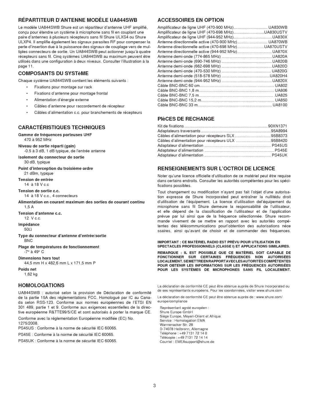 Shure manual Répartiteur D’ANTENNE Modèle UA844SWB, Caractéristiques Techniques, Homologations, Accessoires EN Option 