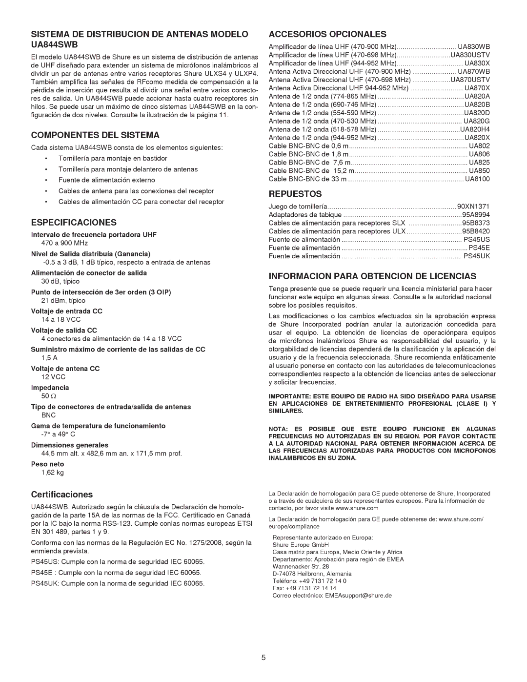 Shure manual Sistema DE Distribucion DE Antenas Modelo UA844SWB, Componentes DEL Sistema, Especificaciones, Repuestos 