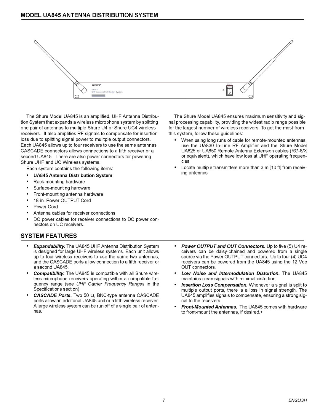 Shure manual Model UA845 Antenna Distribution System, System Features 