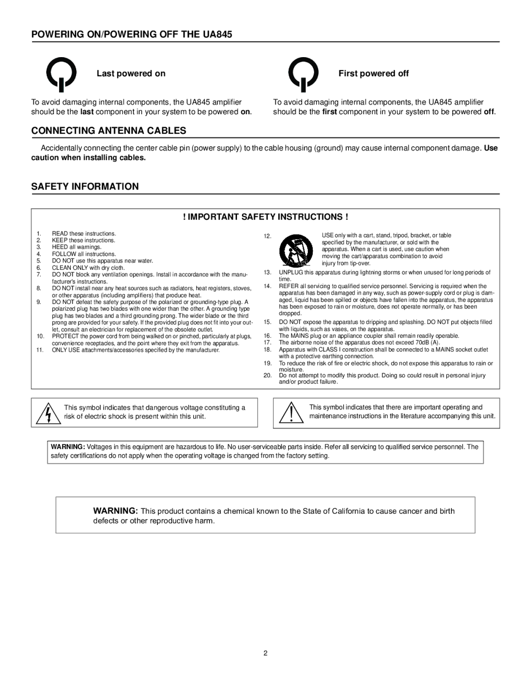 Shure Powering ON/POWERING OFF the UA845, Connecting Antenna Cables, Safety Information, Important Safety Instructions 