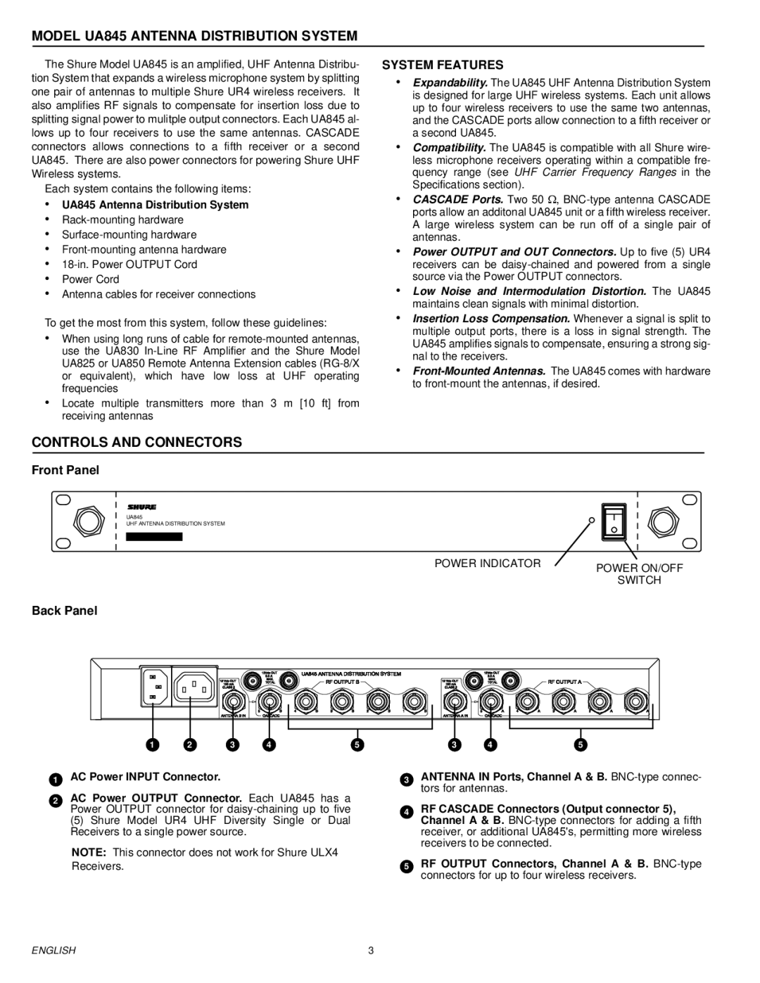 Shure manual Model UA845 Antenna Distribution System, Controls and Connectors, System Features, Front Panel, Back Panel 