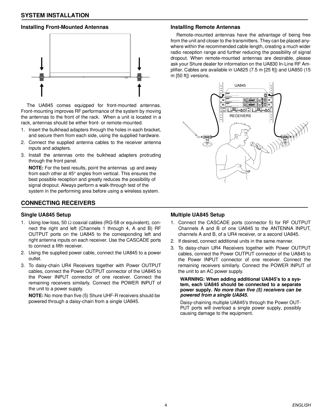 Shure manual System Installation, Connecting Receivers, Single UA845 Setup, Multiple UA845 Setup 