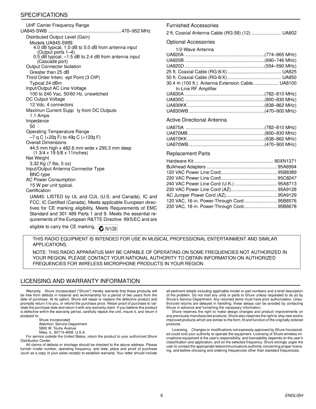 Shure UA845 manual Specifications, Licensing and Warranty Information 