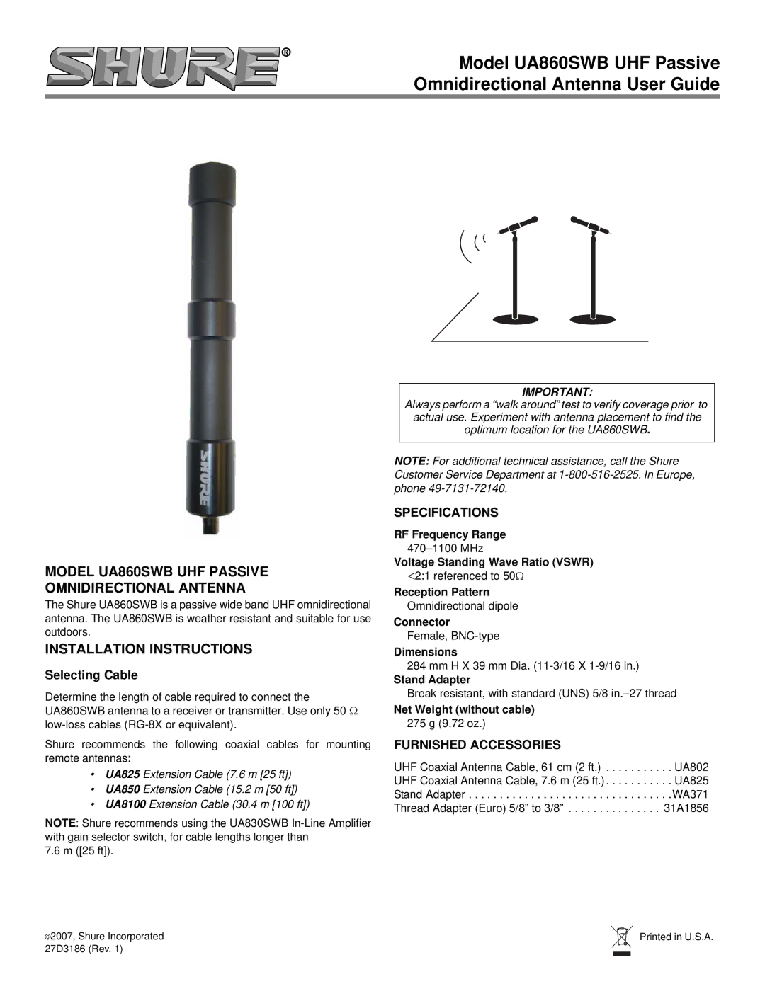 Shure installation instructions Model UA860SWB UHF Passive Omnidirectional Antenna, Installation Instructions 