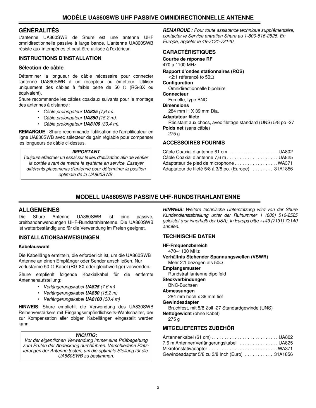 Shure installation instructions Modell UA860SWB Passive UHF-RUNDSTRAHLANTENNE Allgemeines 