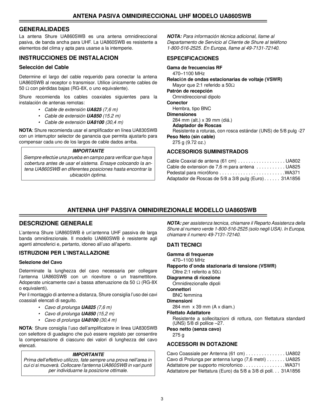 Shure UA860SWB installation instructions Instrucciones DE Instalacion 