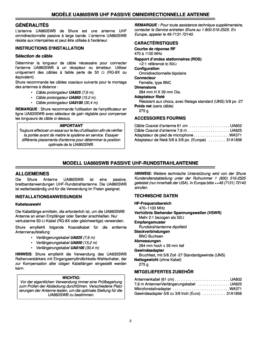 Shure Généralités, MODELL UA860SWB PASSIVE UHF-RUNDSTRAHLANTENNE, Allgemeines, Caractéristiques, Accessoires Fournis 