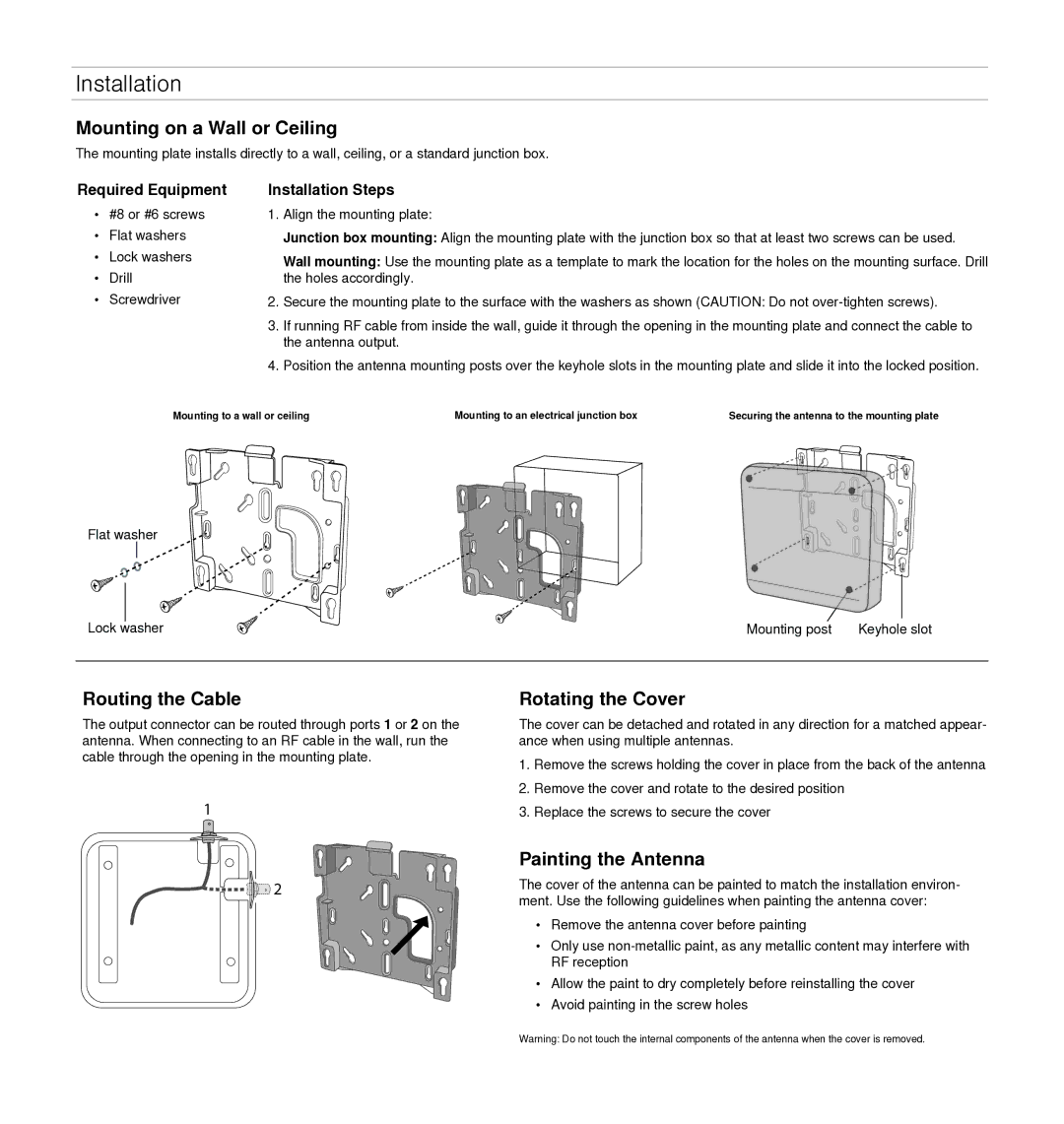 Shure UA864 manual Installation, Mounting on a Wall or Ceiling 