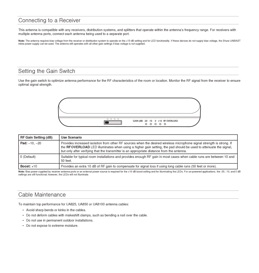 Shure UA864 manual Connecting to a Receiver, Setting the Gain Switch, Cable Maintenance 