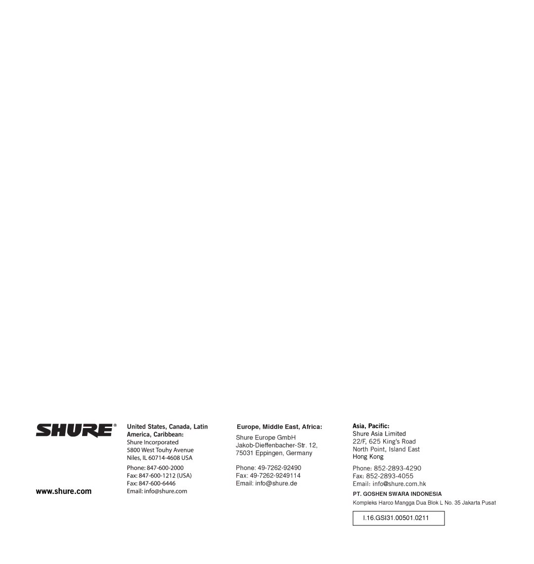 Shure UA864 manual Europe, Middle East, Africa 