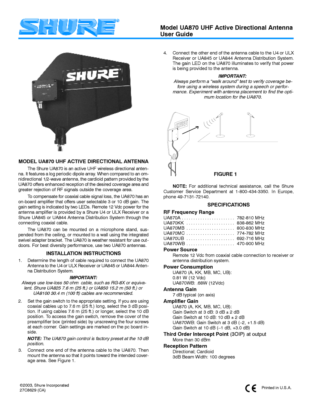 Shure installation instructions Model UA870 UHF Active Directional Antenna, Installation Instructions, Specifications 