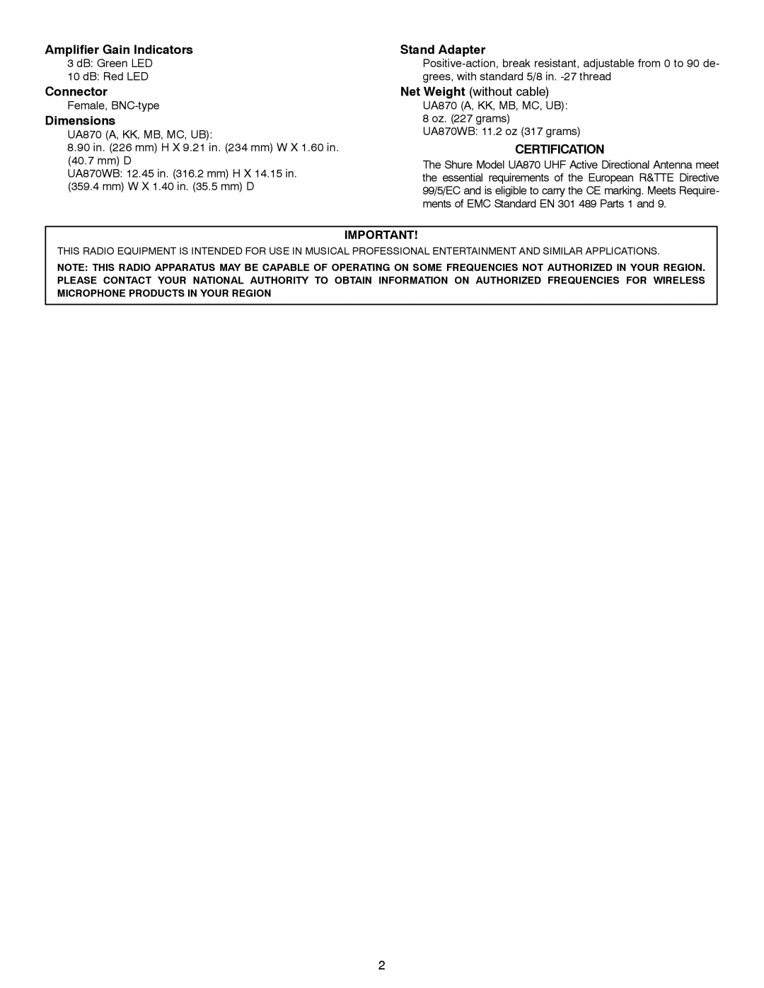 Shure UA870 installation instructions Amplifier Gain Indicators, Connector, Dimensions, Stand Adapter, Certification 