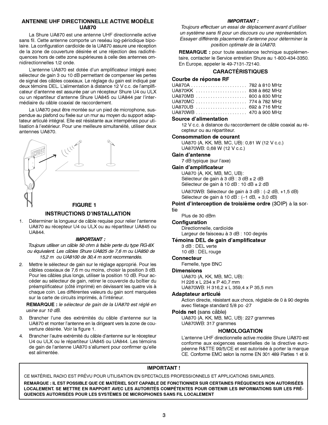 Shure UA870 Antenne UHF Directionnelle Active Modèle, Instructions D’INSTALLATION, Caractéristiques, Homologation 