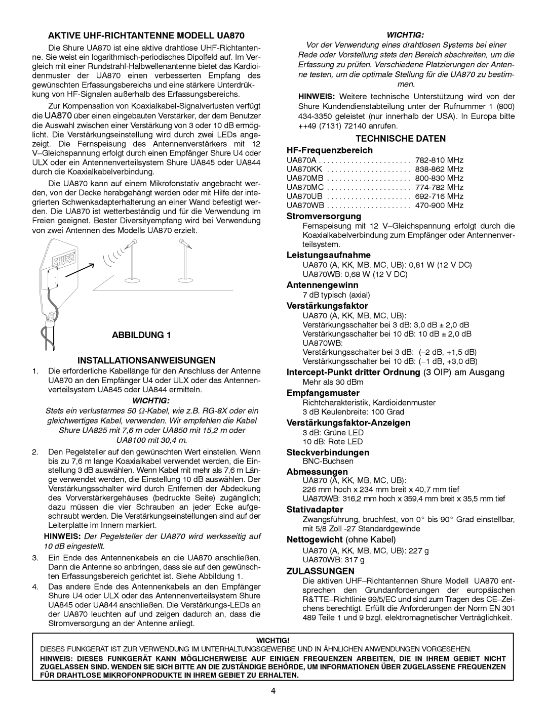 Shure Aktive UHF-RICHTANTENNE Modell UA870, Abbildung Installationsanweisungen, Technische Daten, Zulassungen 