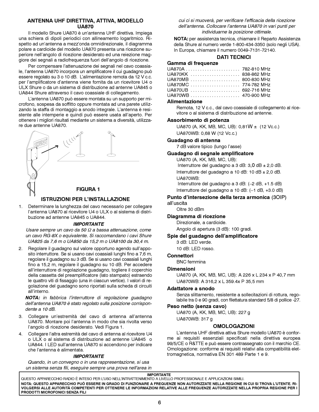 Shure UA870 installation instructions Antenna UHF DIRETTIVA, ATTIVA, Modello, Dati Tecnici, Omologazioni 