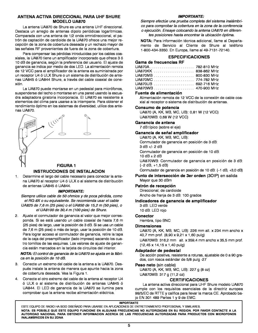 Shure UA870 installation instructions Antena Activa Direccional Para Uhf Shure 