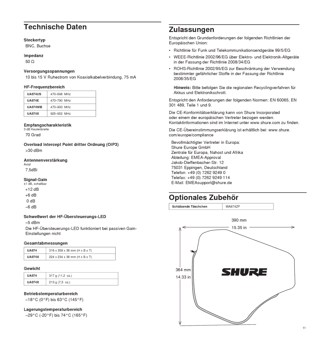 Shure UA874 manual Technische Daten, Zulassungen, Optionales Zubehör 