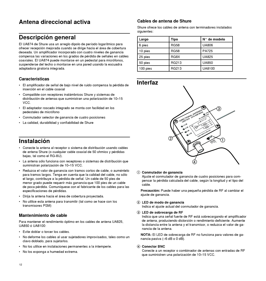 Shure UA874 manual Antena direccional activa Descripción general, Instalación, Interfaz 