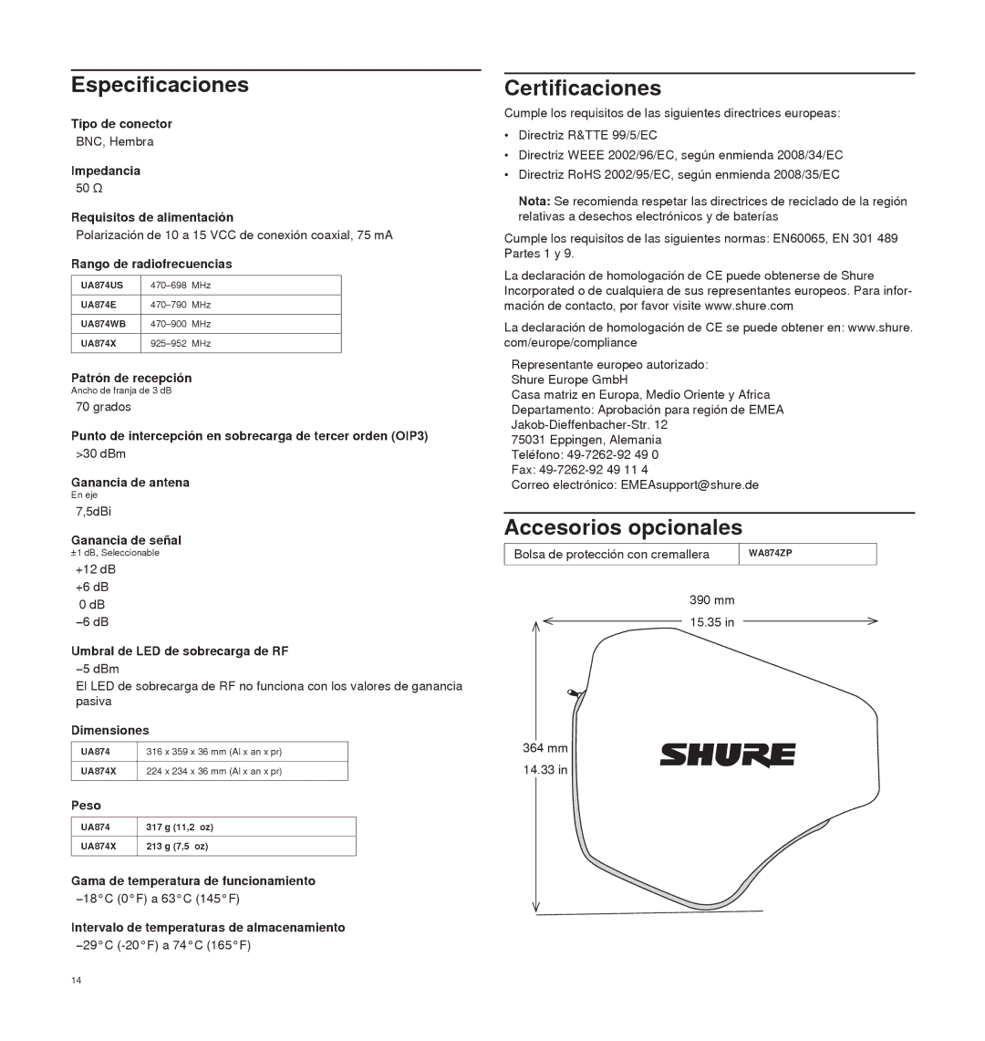 Shure UA874 manual Especificaciones, Certificaciones, Accesorios opcionales 