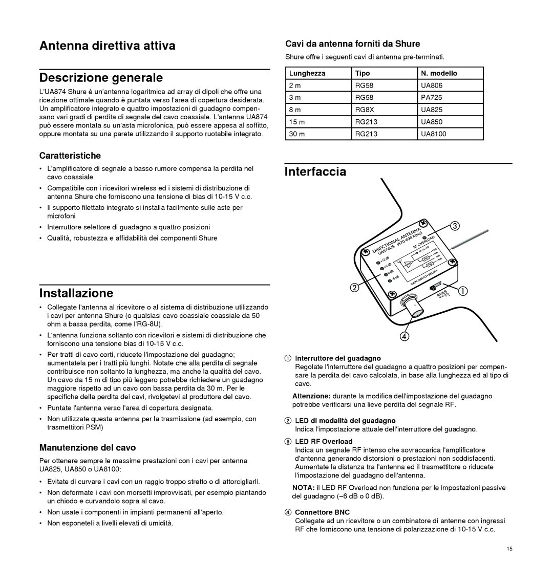 Shure UA874 manual Antenna direttiva attiva Descrizione generale, Installazione, Interfaccia 