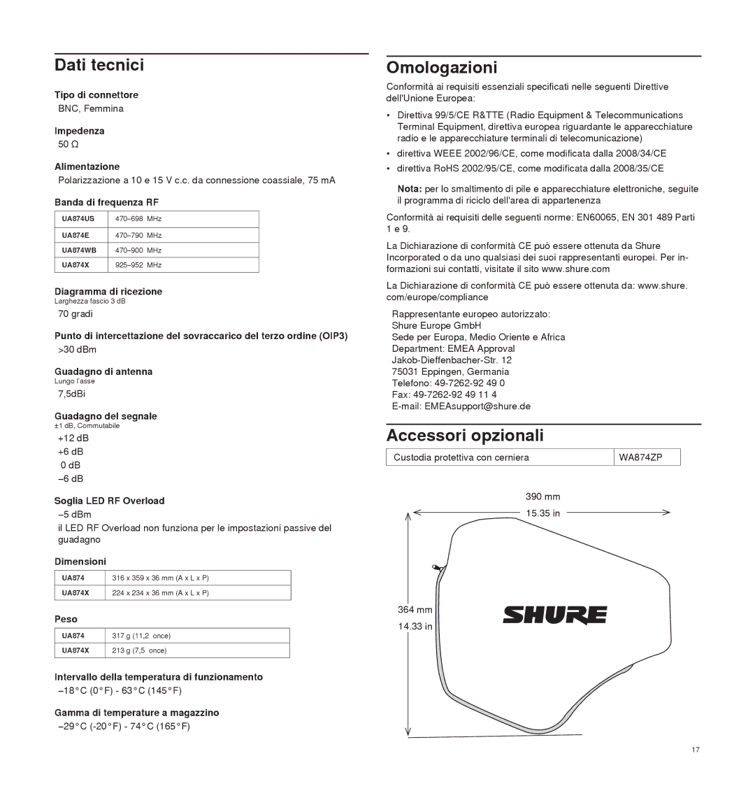 Shure UA874 manual Dati tecnici, Omologazioni, Accessori opzionali 