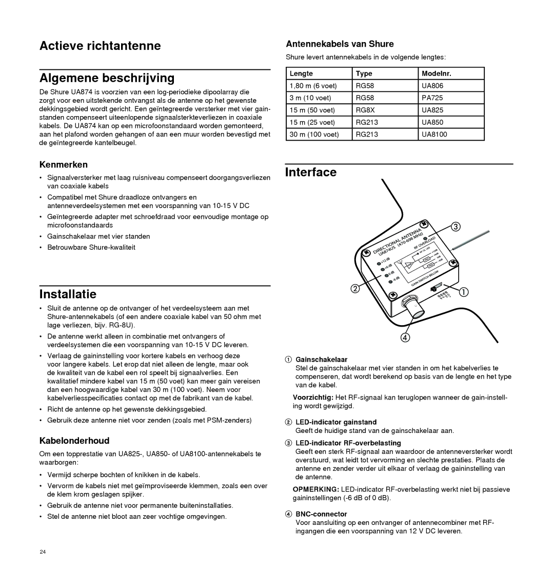 Shure UA874 Actieve richtantenne Algemene beschrijving, Installatie, Antennekabels van Shure, Kenmerken, Kabelonderhoud 