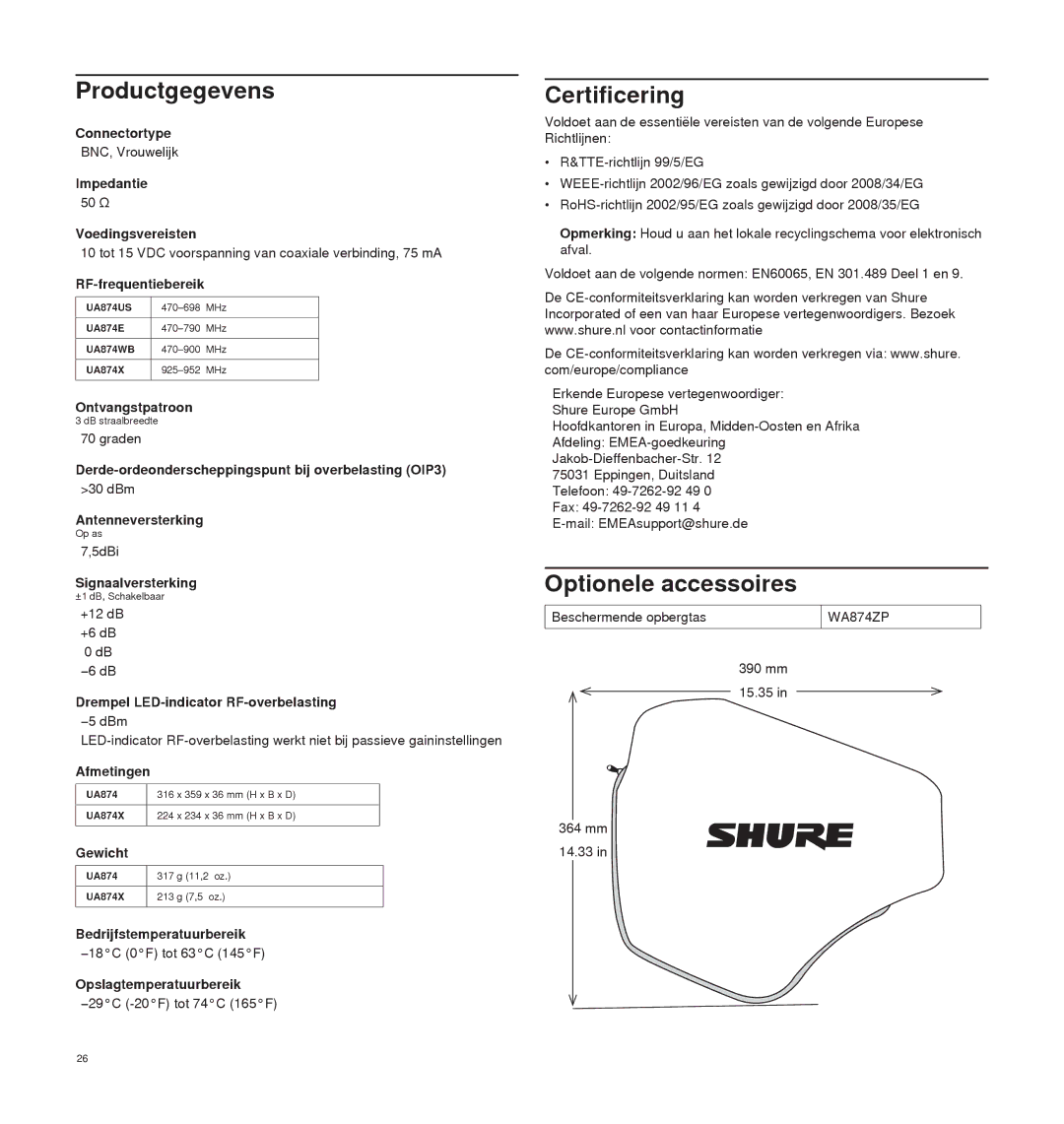 Shure UA874 manual Productgegevens, Certificering, Optionele accessoires 