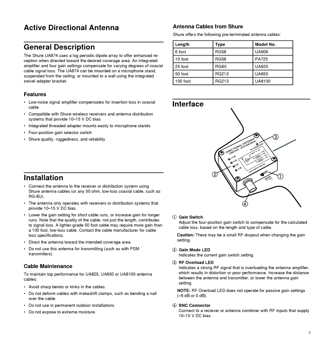 Shure UA874 manual Active Directional Antenna General Description, Installation, Interface 