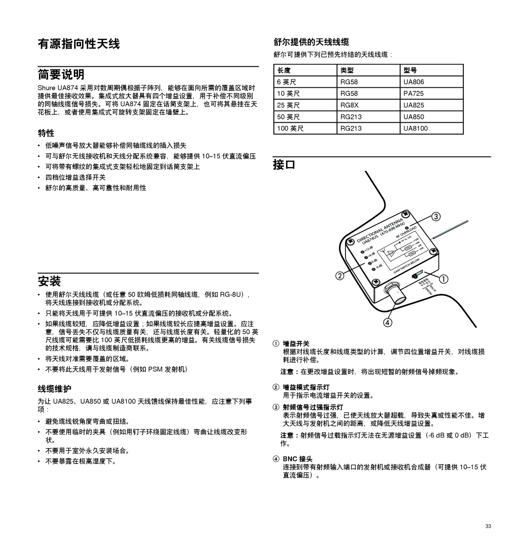 Shure UA874 manual 有源指向性天线 简要说明, 线缆维护, 舒尔提供的天线线缆 