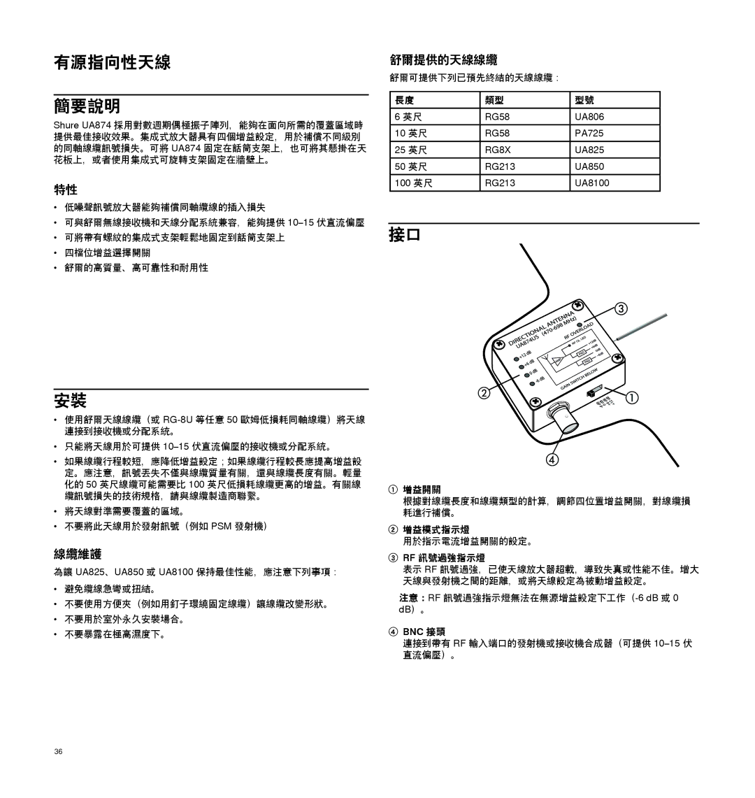 Shure UA874 manual 有源指向性天線 簡要說明, 線纜維護, 舒爾提供的天線線纜 