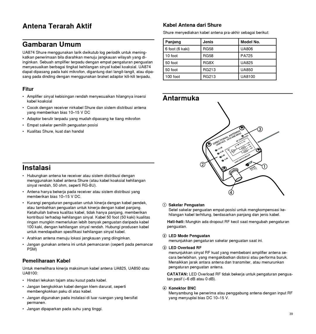 Shure UA874 manual Antena Terarah Aktif Gambaran Umum, Instalasi, Antarmuka 