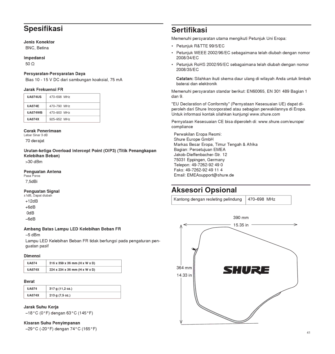 Shure UA874 manual Spesifikasi, Sertifikasi, Aksesori Opsional 