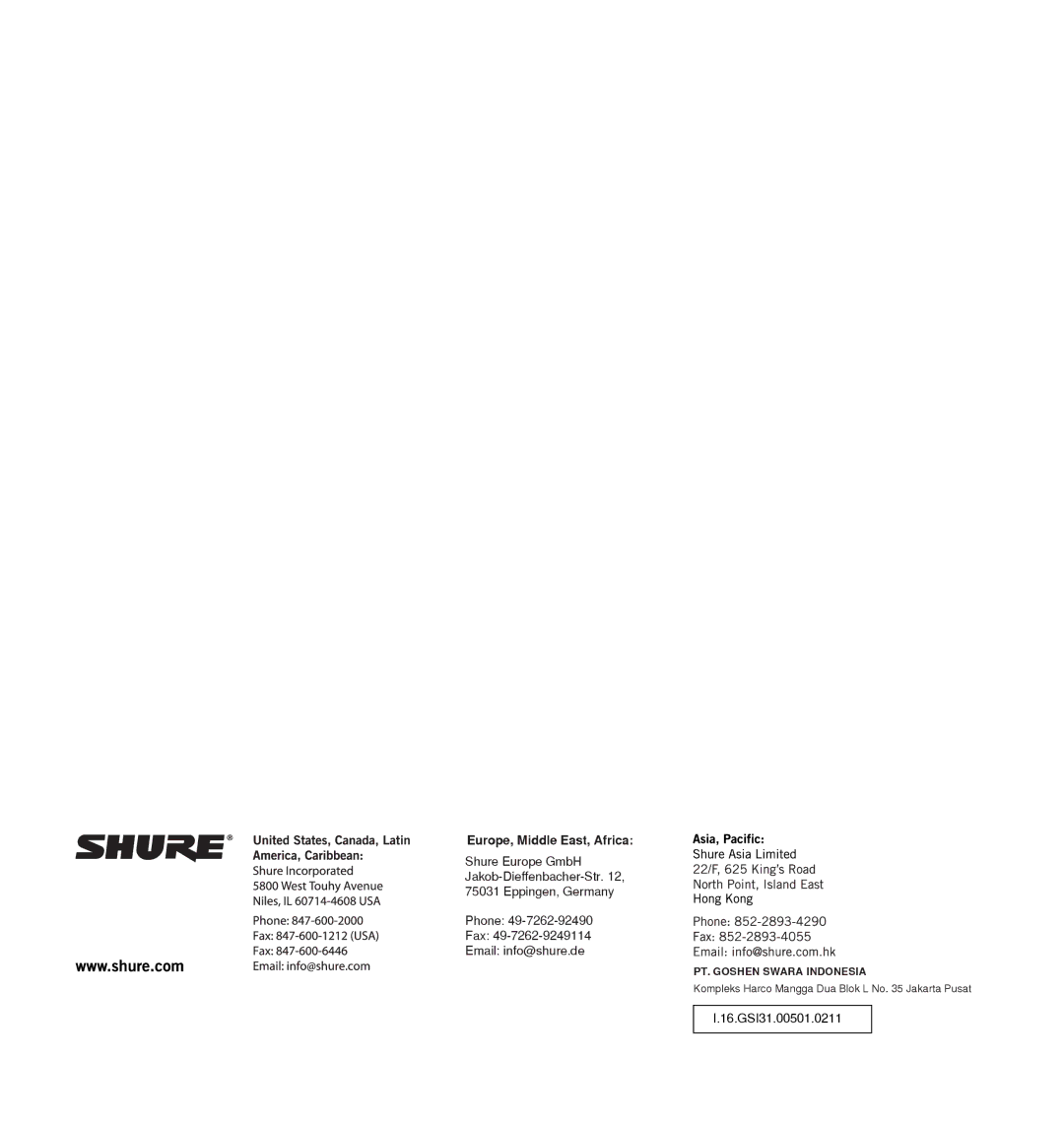 Shure UA874 manual Europe, Middle East, Africa 