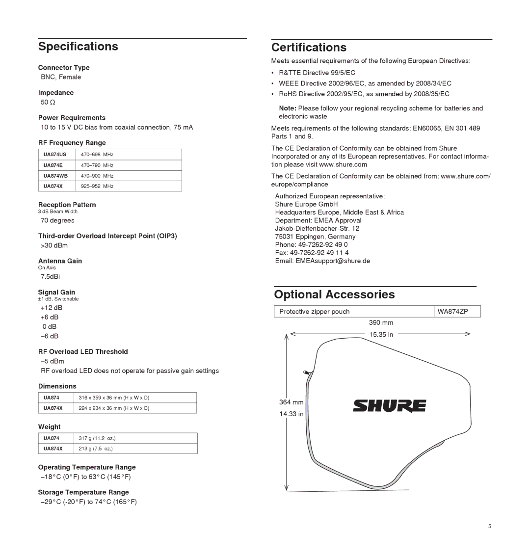 Shure UA874 manual Specifications, Certifications, Optional Accessories 