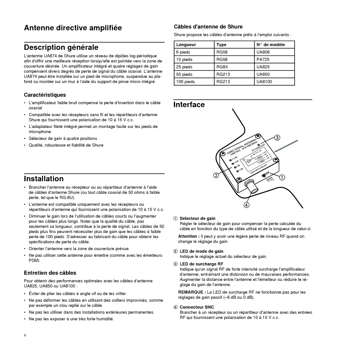 Shure UA874 manual Antenne directive amplifiée Description générale, Caractéristiques, Entretien des câbles 