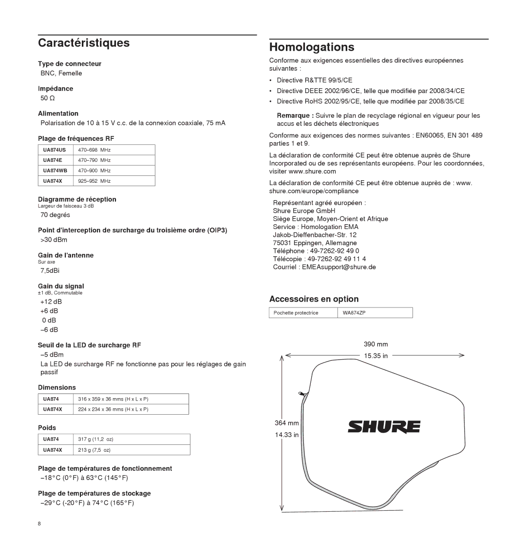 Shure UA874 manual Caractéristiques, Homologations, Accessoires en option 