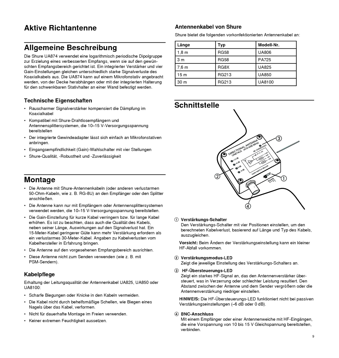 Shure UA874 manual Aktive Richtantenne Allgemeine Beschreibung, Montage, Schnittstelle 