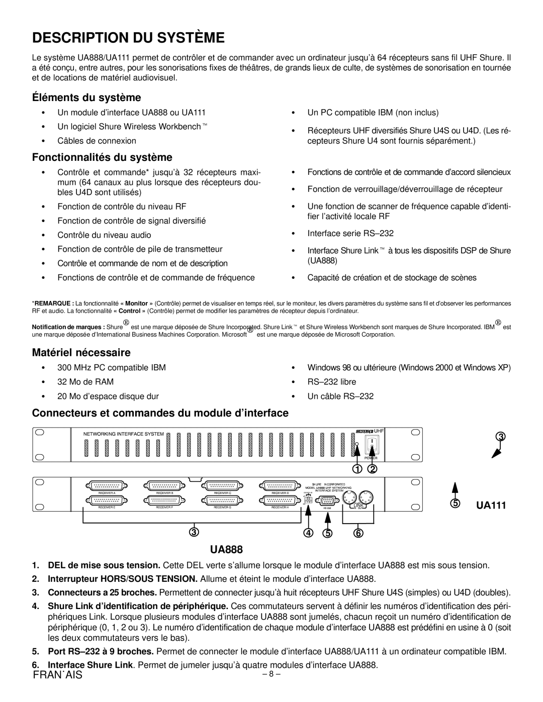 Shure UA888, UA111 manual Description DU Système, Éléments du système, Fonctionnalités du système, Matériel nécessaire 