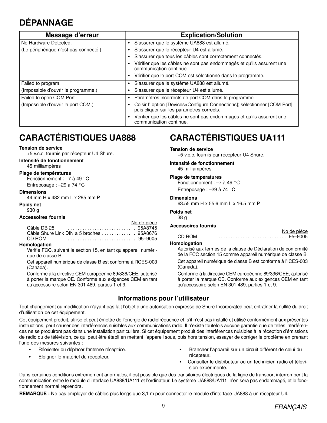 Shure manual Dépannage, Caractéristiques UA888, Caractéristiques UA111, Message d’erreur Explication/Solution 