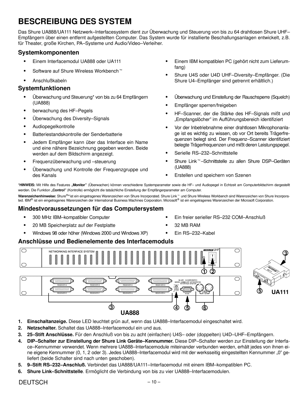 Shure UA888 Bescreibung DES System, Systemkomponenten, Systemfunktionen, Mindestvoraussetzungen für das Computersystem 