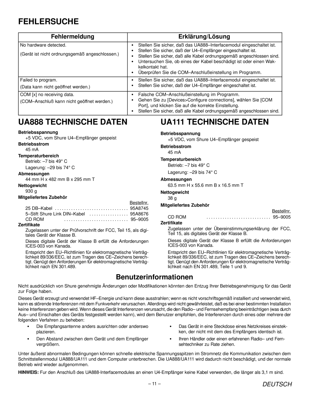 Shure manual Fehlersuche, UA888 Technische Daten, UA111 Technische Daten, Benutzerinformationen 